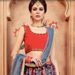 GREY NET FLORAL EMBROIDERED LEHENGA CHOLI